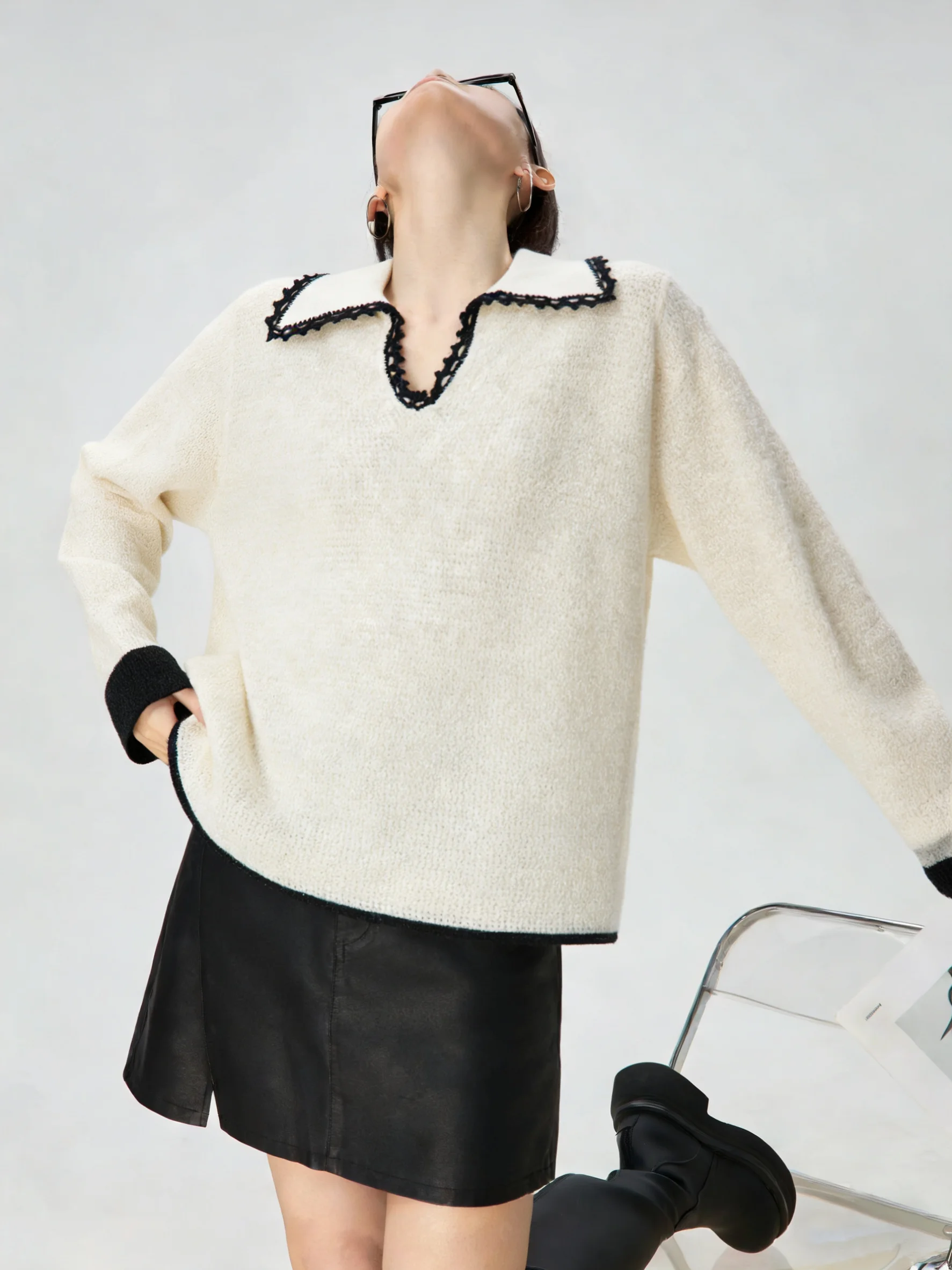 

Miu Sle V-Ne Knitwear Color Blo Spring New Arrival Women's Loose Fit Casual Long Sve Polyester Blend Top