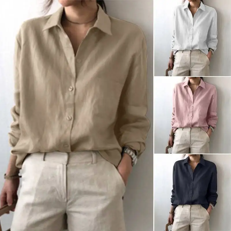 Women's Long-Sleeved Collared Button Comfortable Casual Blouse Spring Office Cotton-Linen  POLO Shirt