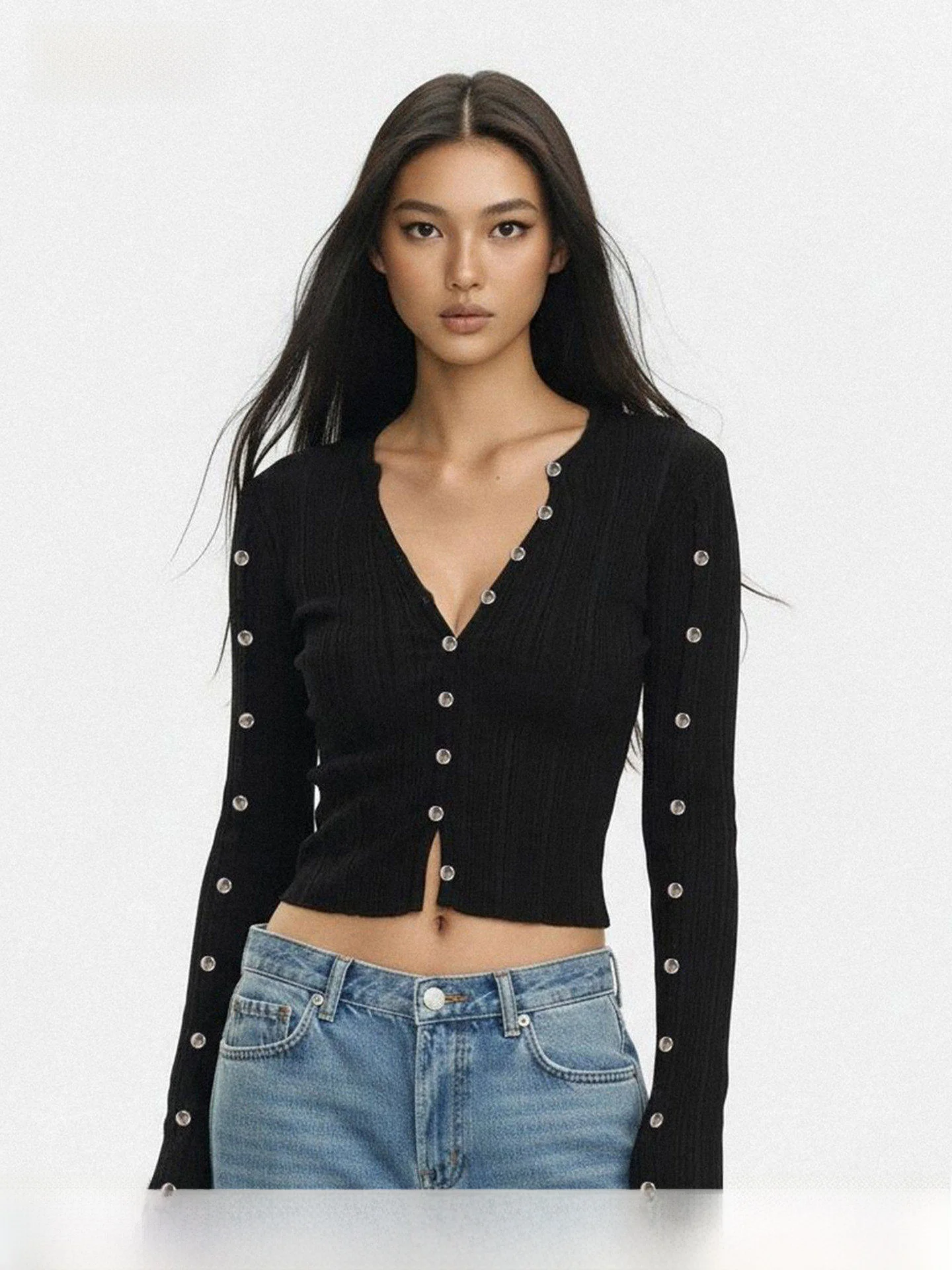 

WAEW Bla Slim Fit, трикотажная футболка с длинными рукавами, эластичная талия, дизайн с пуговицами, повседневный женский топ из полиэфирного волокна