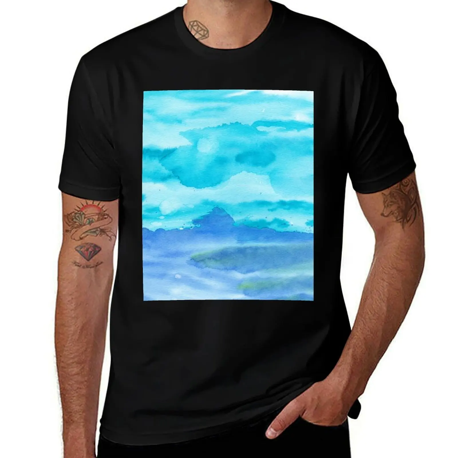 

Sailing Oceans Blue Watercolor T-Shirt valentines clothes Anime t-shirt T-shirts man Men's clothing