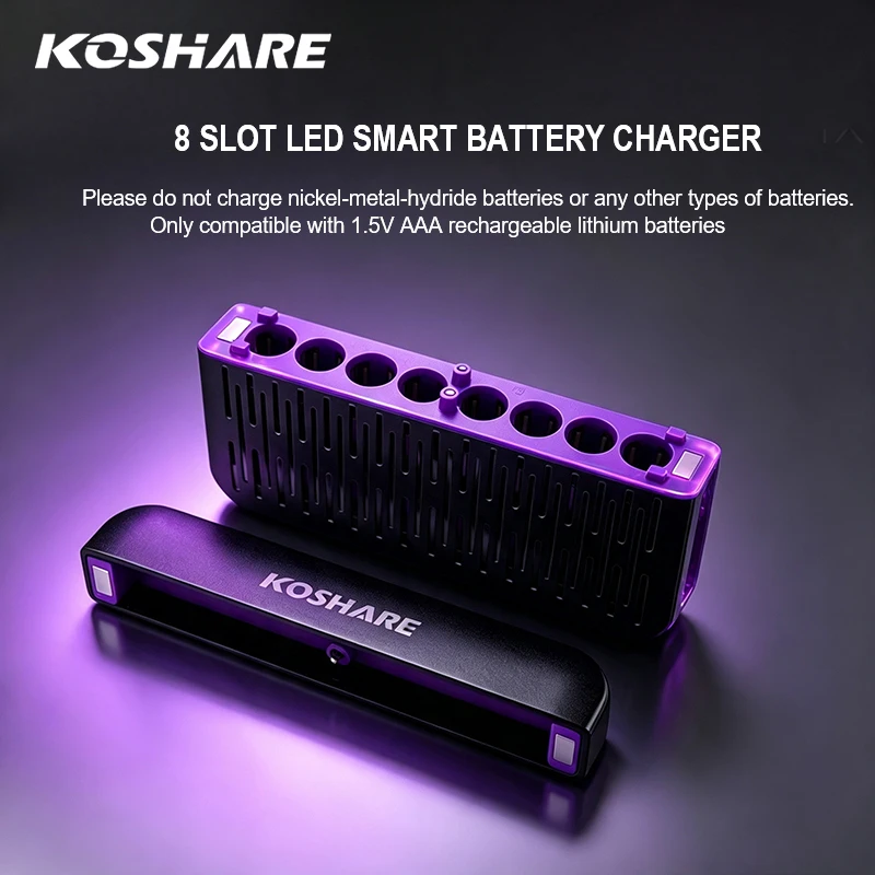 KOSHARE New 8 Slot LED Display Smart Battery Charger Type-C Fast Charging Compatible With 1.5V AAA Li-ion Rechargeable Batteries