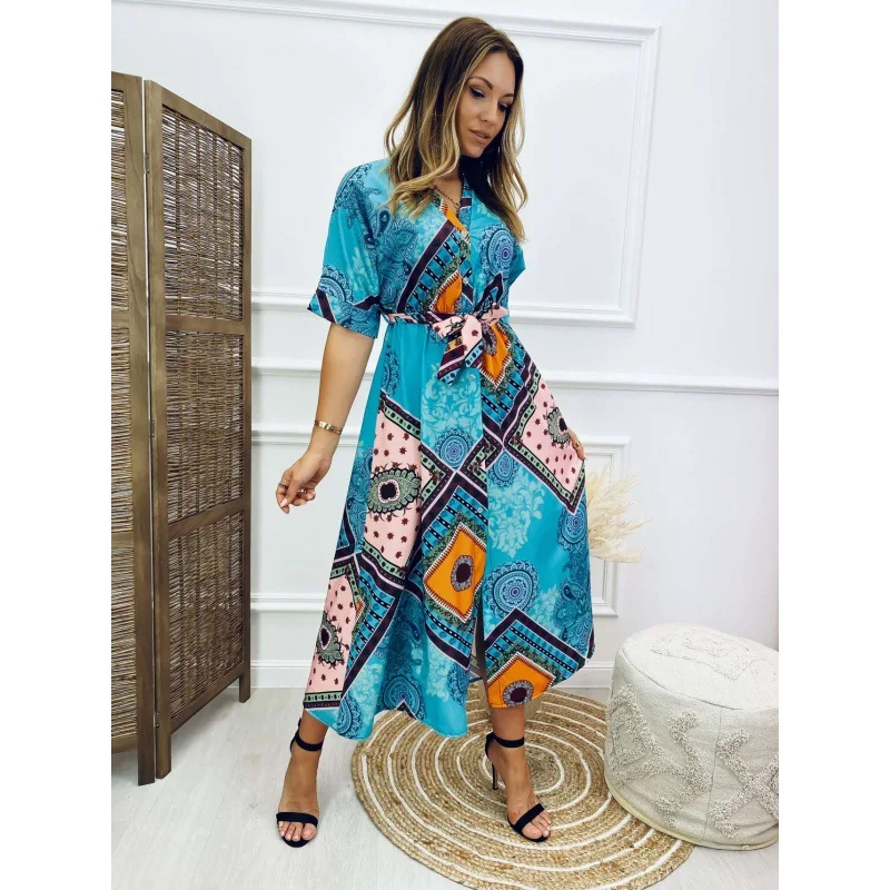Dress Women Summer 2022 Short Sleeve V-neck Ethnic Style Print Waist Belt Patchwork Dresses Casual Vestidos Sale JQMY2095
