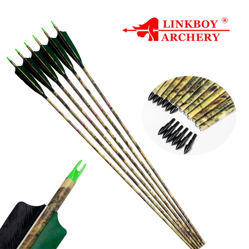 

12pcs Linkboy Archery Carbon Camo Green Arrow ID6.2mm Sp300-600 5inch Turkey Feather 75gr Tips Compound Traditional Bow Hunting