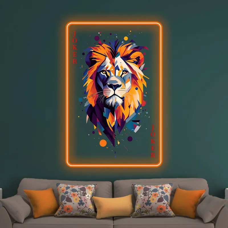 Arte de pared LED de neón Joker Lion: diseño geométrico vibrante con colores audazes, regalo perfecto para sala de juegos, cueva de hombre y decoración moderna