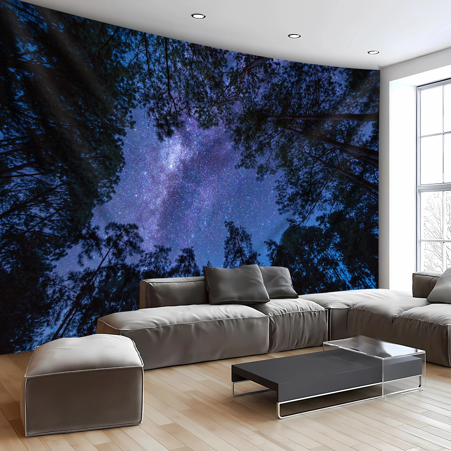 Starry Night Sky and Forest Mural for Bedroom Decor, Transforming Your Space into a Tranquil Retreat with the Beauty of Nature