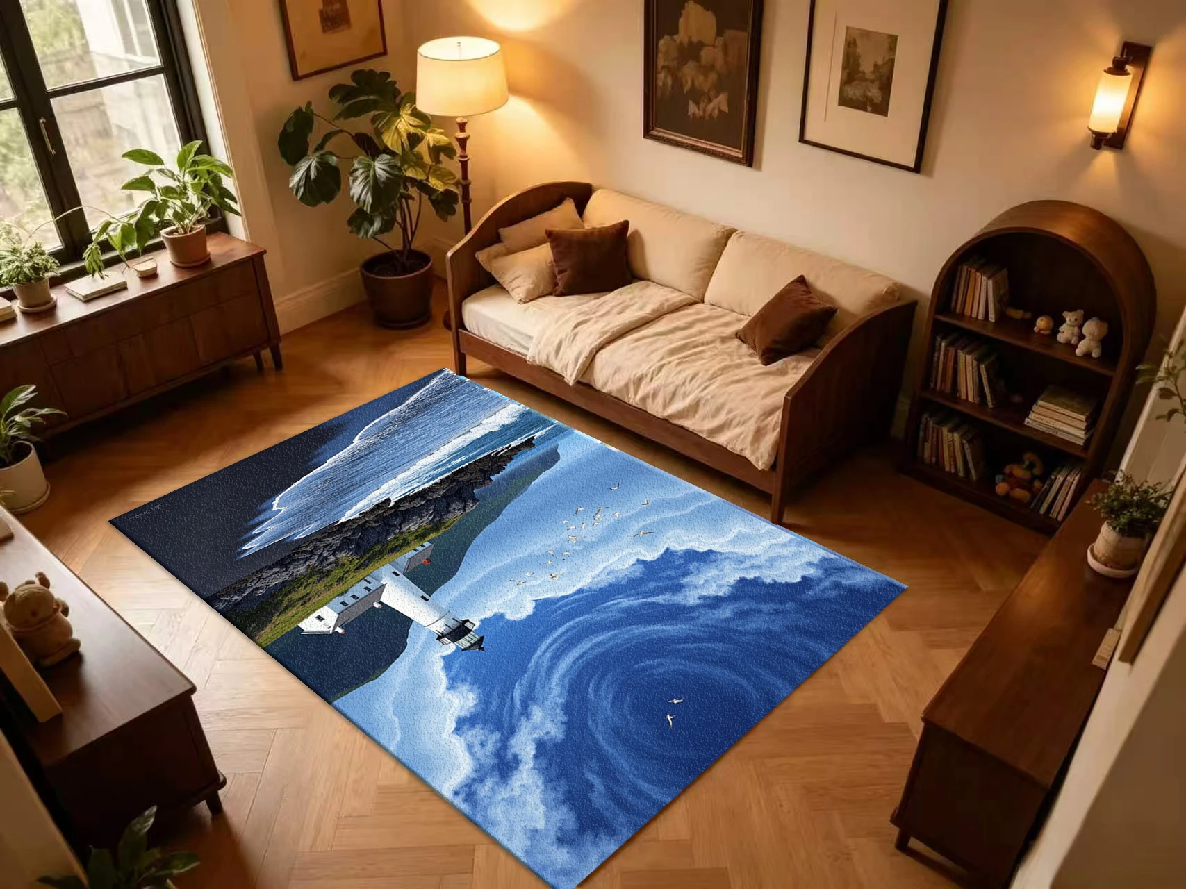 Ocean Coast Lighthouse Seagull Wave Carpet Flooring, Coastal Scenery Non-Slip Area Rug for Living Room Entryway Home Floor Mat