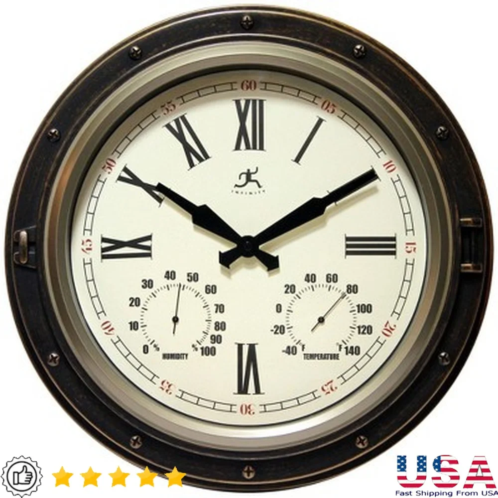 

16 Inch Water Resistant Indoor Outdoor Wall Clock with Built-In Hygrometer Thermometer Bronze Finish Easy Read Analog Display