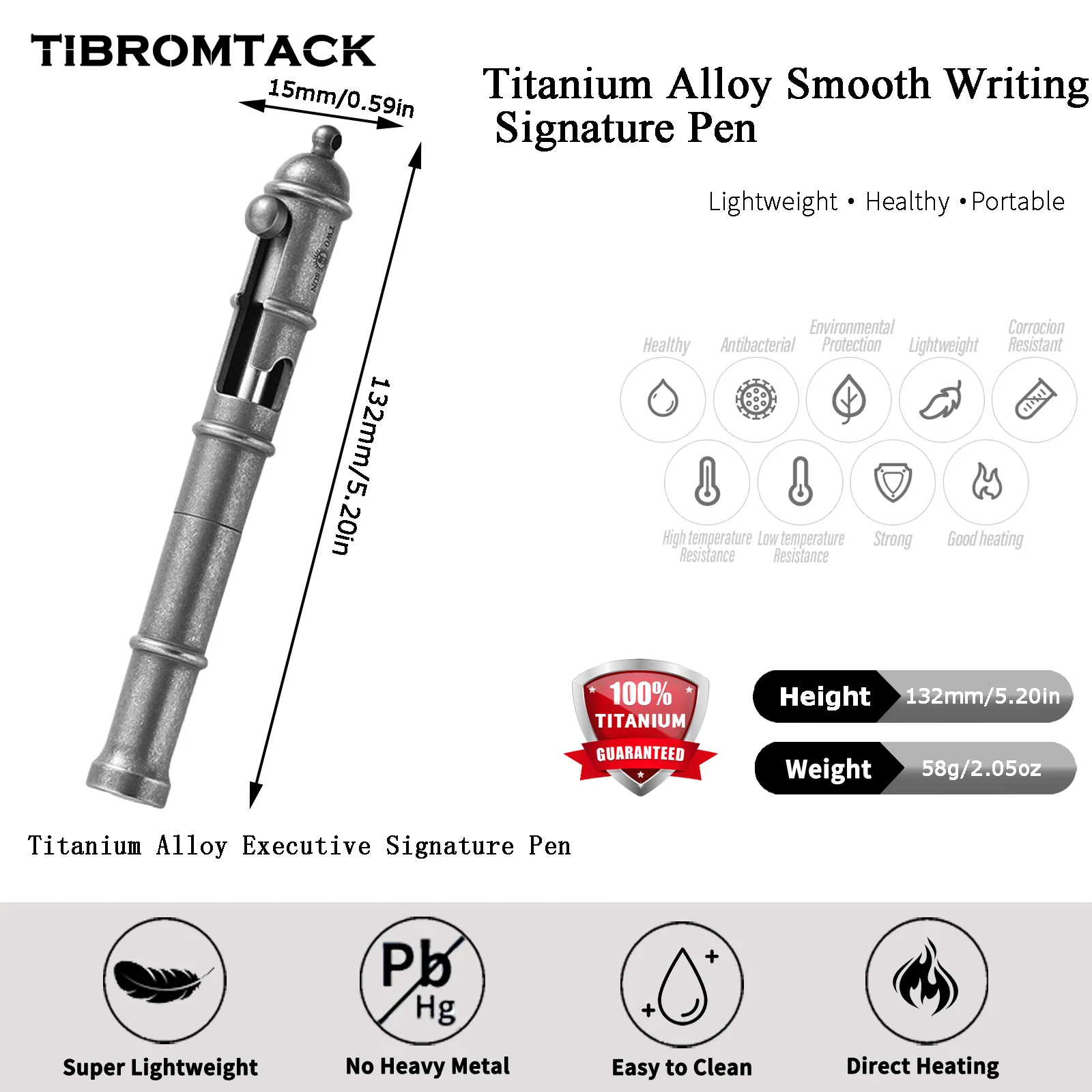 

Ручка-автомат TIBROMTACK из чистого титана - 132 мм/5,2 дюйма, 58 г, титановый инструмент | Прочная стальная стержневая ручка для подписи, каллиграфии и самообороны