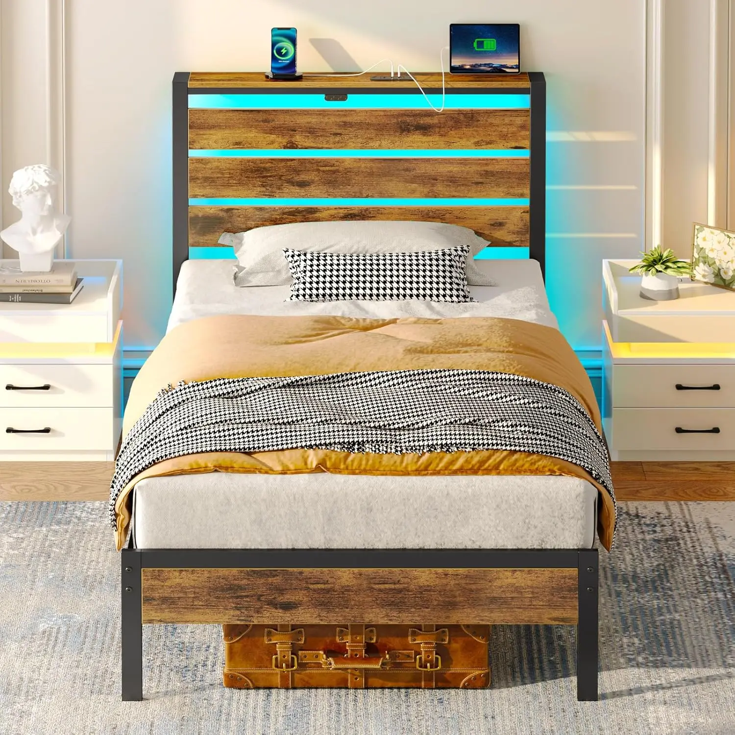 

Bed Frame Twin Size With Usb Charging Station, Led Bed Frame With Wood Storage Headboard, Rustic Brown Metal Platform Bed With