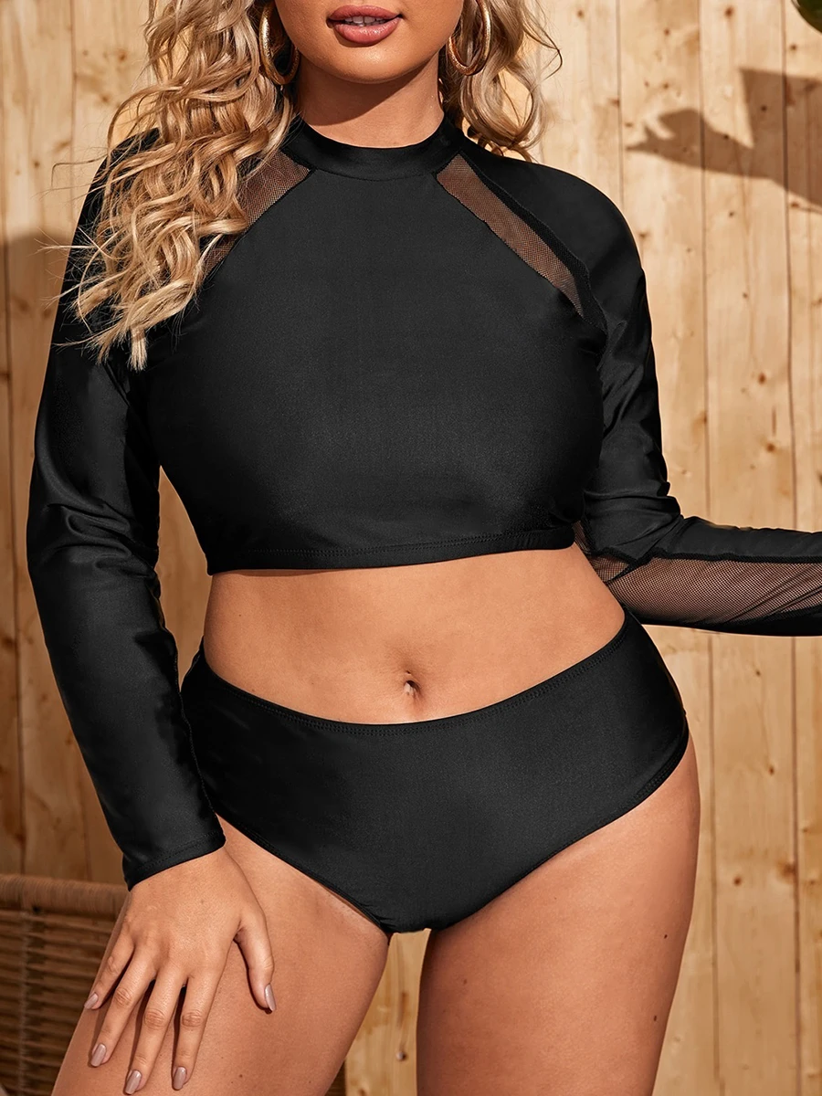 

2026 Large Plus Size Long Sleeves Swimsuit Women 2 Pieces Swimwear Female Bathers Bathing Swimming Suit Summer Beachwear
