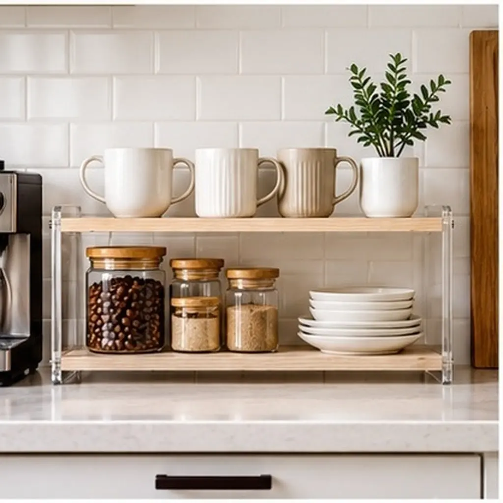 Double Tier Coffee Mug Organizer Rack Wood Coffee Bar Station Countertop Tea Cup Display Shelf Matcha Station Mug Holder Stand