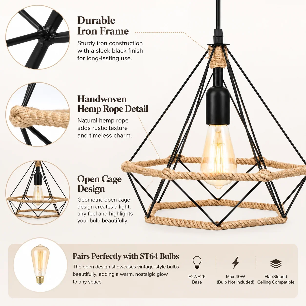 JOYINLED 25CM Rustic Hemp Rope Iron Pendant Light E27 Hanging Lamp for Dining Room Kitchen Industrial Decor Bulb Not Included