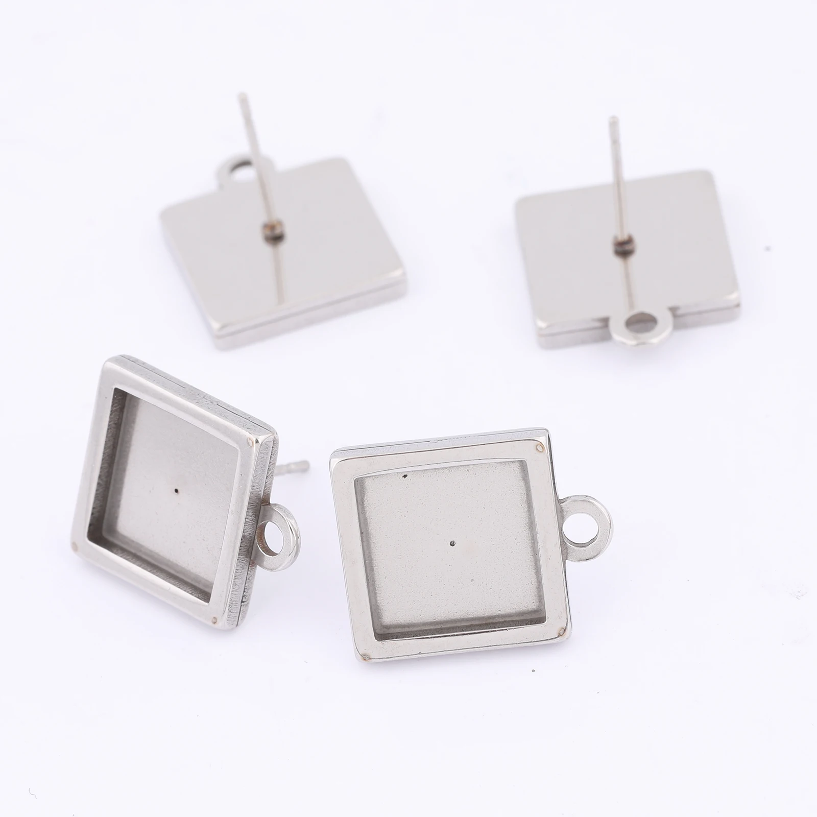 10pcs Stainless Steel Fit 10mm Square Cabochon Earring Connector Base Setting Blanks Diy Post Ear Bezel Findings With Loop