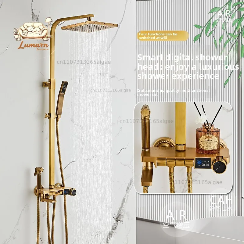 European all-copper hot and cold shower brushed gold antique shower faucet set, bathroom lift pressurized model