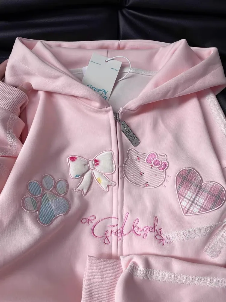 High Quality Embroidery Hoodie Jacket Sweet Cute Cat Cartoon Sweatshirts Coat Lolita Girl Kawaii Clothes Japanese Oversize Loose