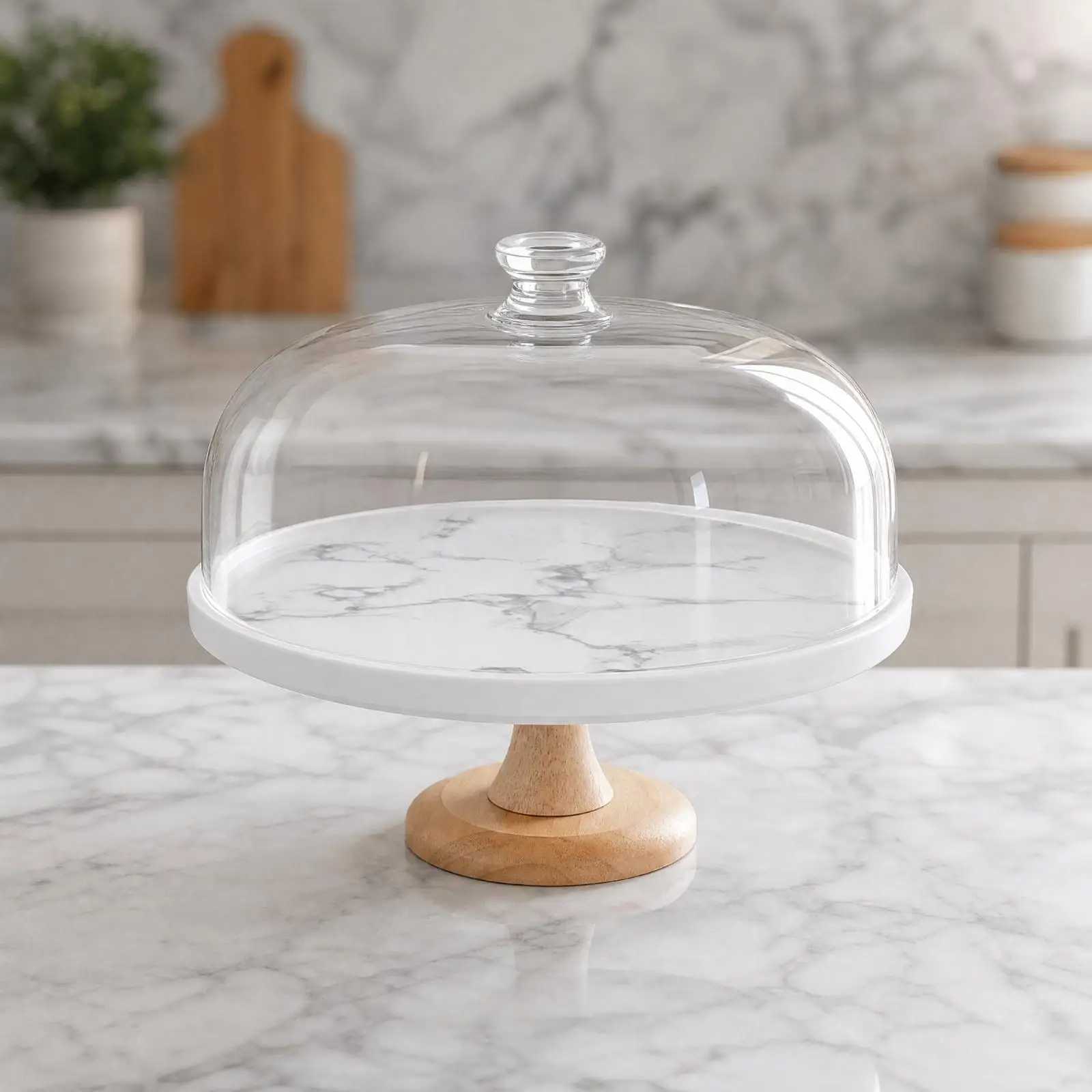 Light Oak Pedestal Cake Stand with Ceramic Marble Top for Dessert Display Cupcake Holder and Bakery Showcase