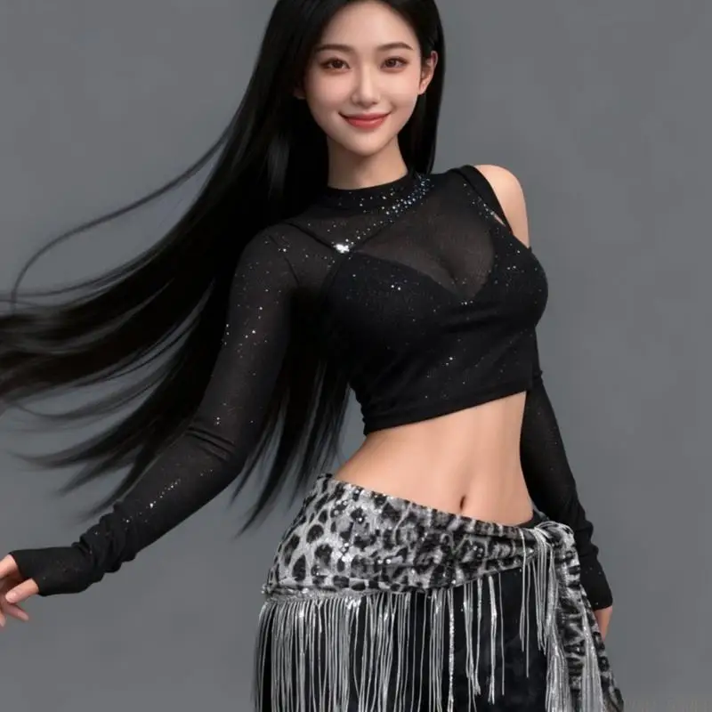 U2JB Metallic Sequins Fringed Belly Dance Hip Wrap Skirt For Jazz Dance Night Shows
