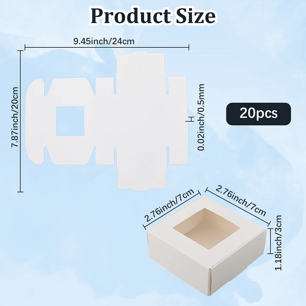 20Pcs Small Soap Packaging Boxes 3x3x1.2 Inch White Square Paper Gift Wrapping Box Clear Window Foldable for Bakery Cookies
