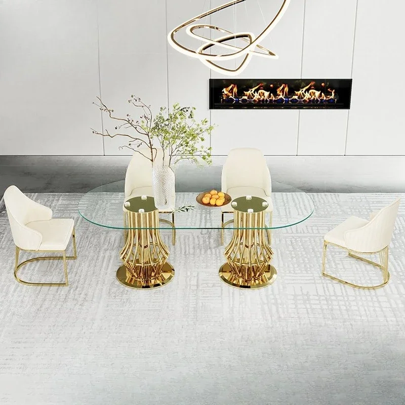 Light luxury stainless steel dining table Hong Kong-style oval table Household Italian glass dining table Modern simple