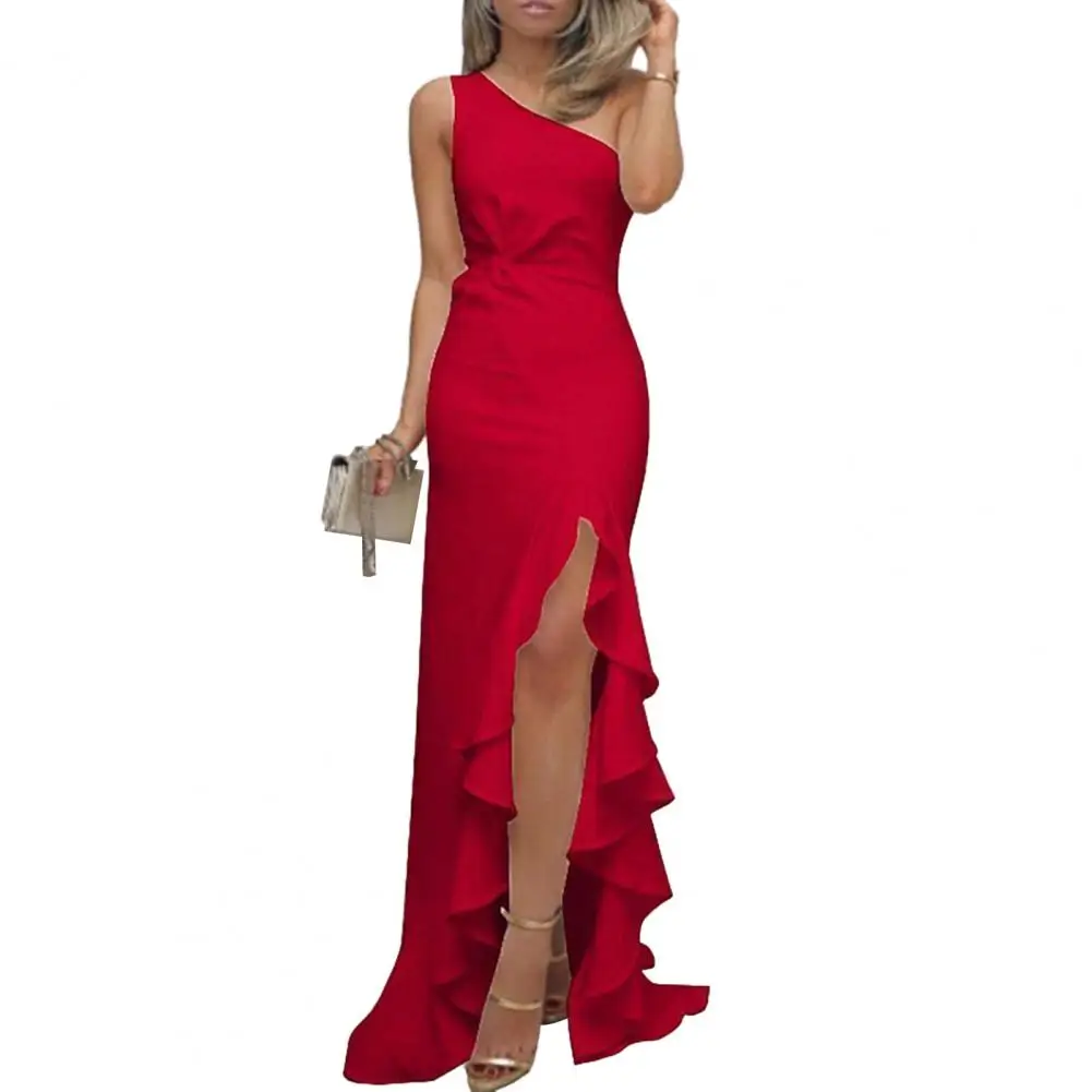 

Lady Maxi Dress Elegant One Shoulder Ruffle Maxi Dress for Women Slim Fit Floor Length Prom Ball Gown Ladies High-waisted Dress