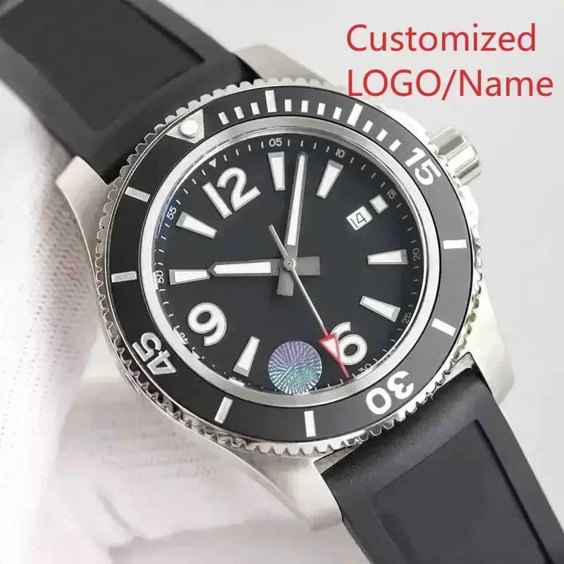 ساعات رجالي فائقة المحيط فاخرة باللون الأسود والأزرق المضيء من الفولاذ المقاوم للصدأ بإطار دوار من المطاط الميكانيكي الأوتوماتيكي حسب الطلب #3