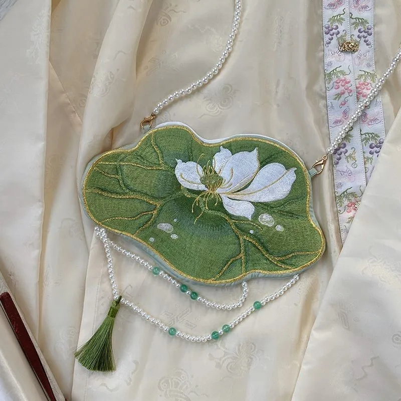 

Chinese Hanfu Purse Embroidered Lotus Leaf Double-sided Handbag Ancient-style Hanfu Women's Accessories Shoulder Bag