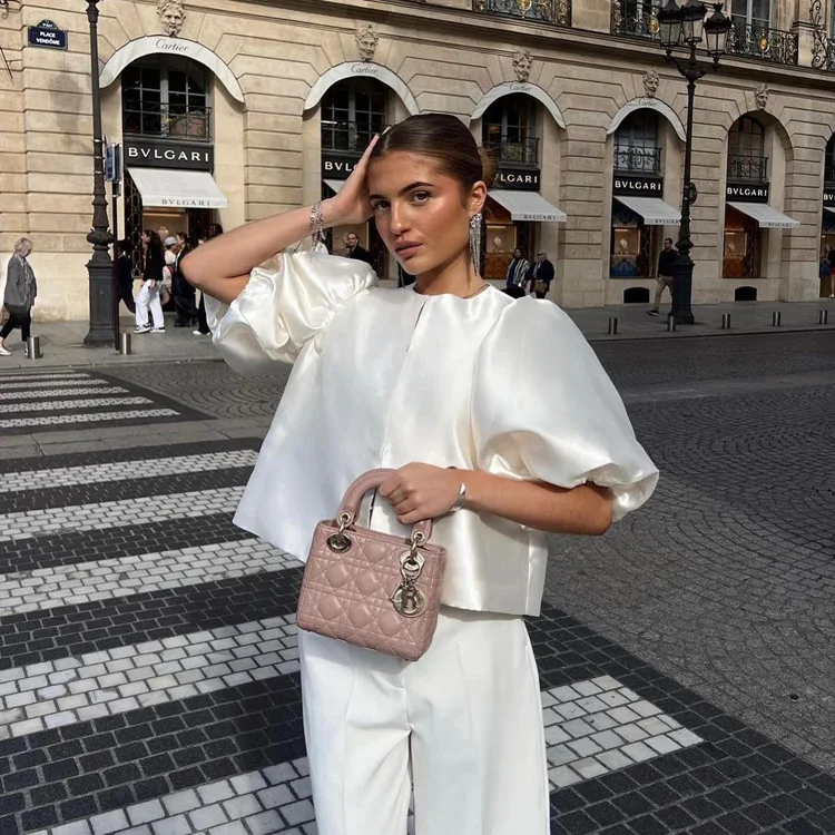 

Summer Loose Beige Satin Women'S Shirt 2026 Fashion O-Neck Puff Sleeve Shirts Elegant Classic Top Female Clothing Lady Shirts