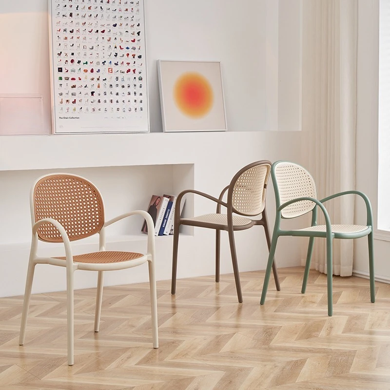 Rattan plastic chair for outdoor and home use, stackable dining chair with backrest and lightweight