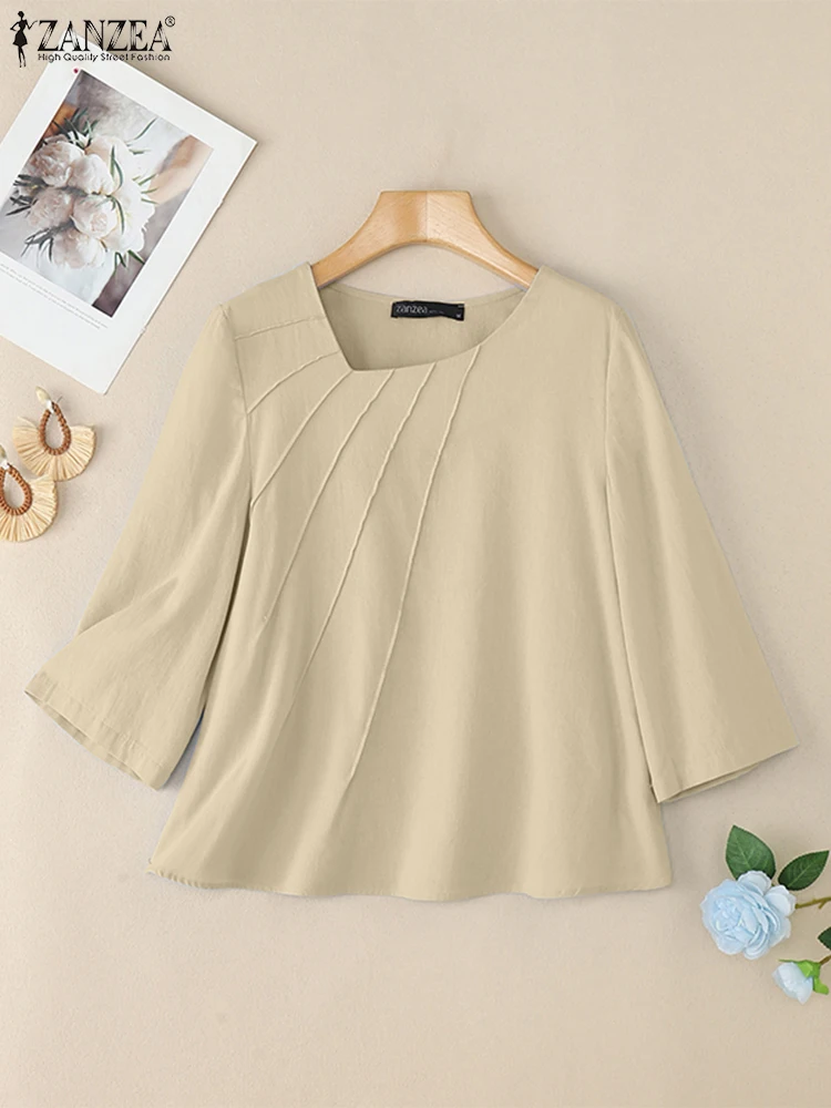 2025 ZANZEA بلوزات الخريف النساء خمر ملابس علوية من القطن 3/4 كم غير النظامية الرقبة Blusas أنيقة مطوي قميص العمل Mujer فام