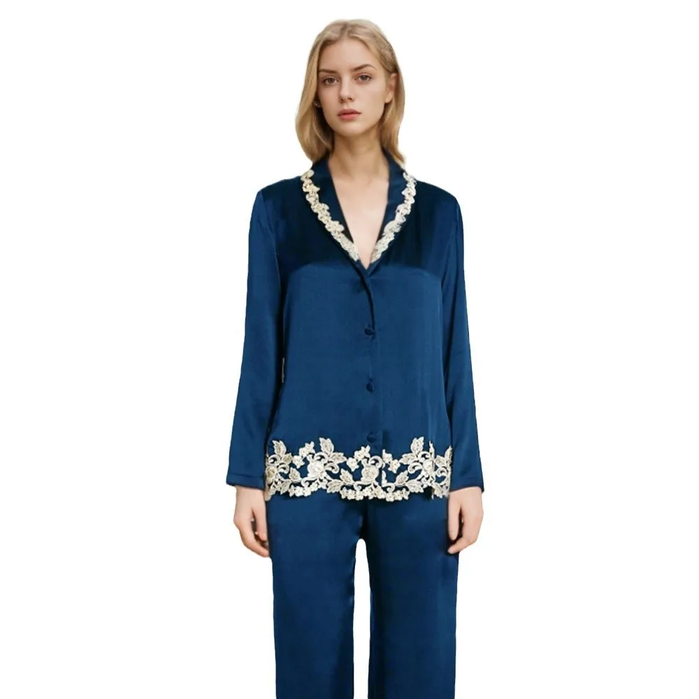 High Quality 19momme Heavy Real Silk Pajamas Women's Long-Sleeve Suit 6A Grade 100% Home Wear Two-Piece Set Wholesale