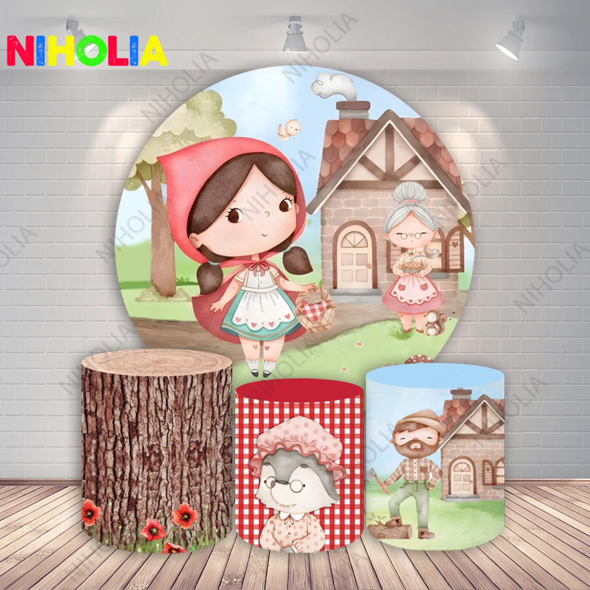 Cartoon Little Red Riding Hood Round Photo Backdrop Girls Birthday Party Decoration Baby Shower Cylinder Cover Photo Props