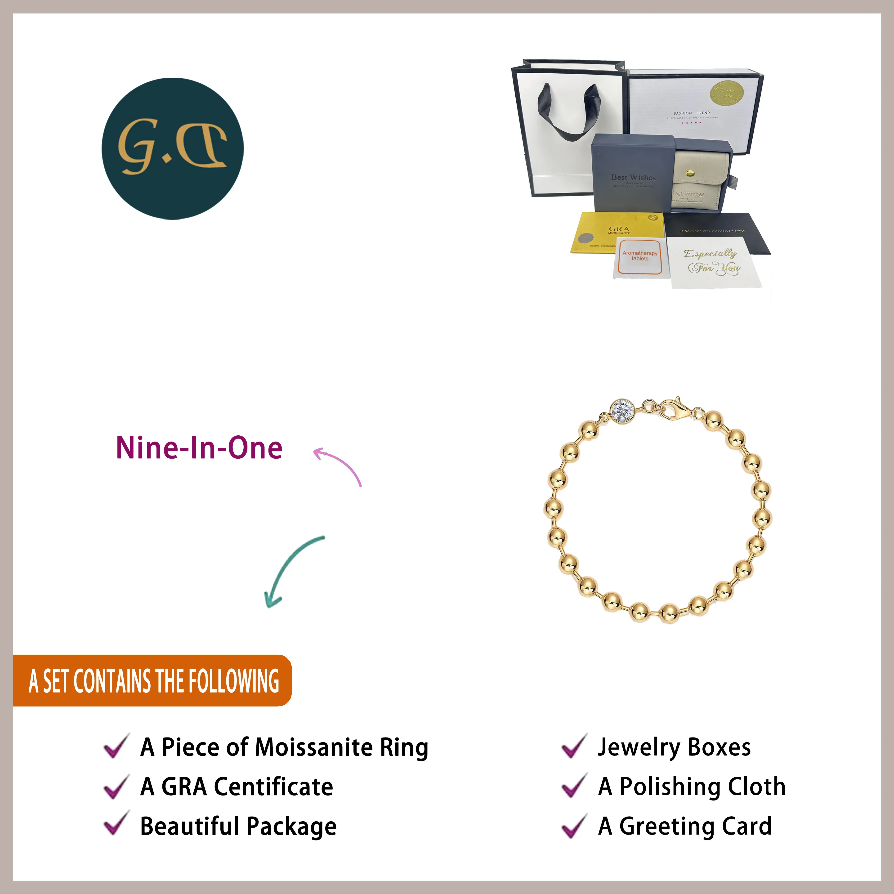 1 Carat Golden Spheres Moissanite Bracelet – 18K Gold Plated S925 Silver Beads, Symbolizing Strength and Connection