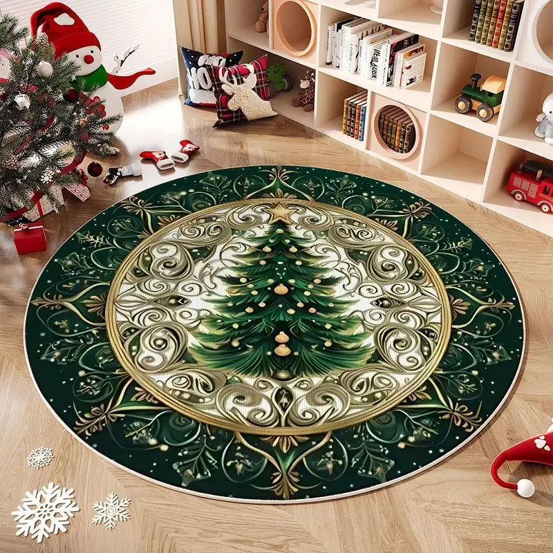 VIKAMA Round Christmas Winter Snow Scenery Christmas Tree Merry Christmas Floor Mat Living Room Festival Home Christmas Decor