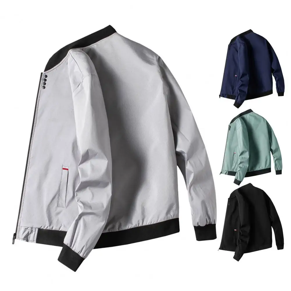 Lightweight Men Coat Men's Stand Collar Baseball Jacket with Zipper Placket Pockets Casual Coat with Elastic Hem Long for Men