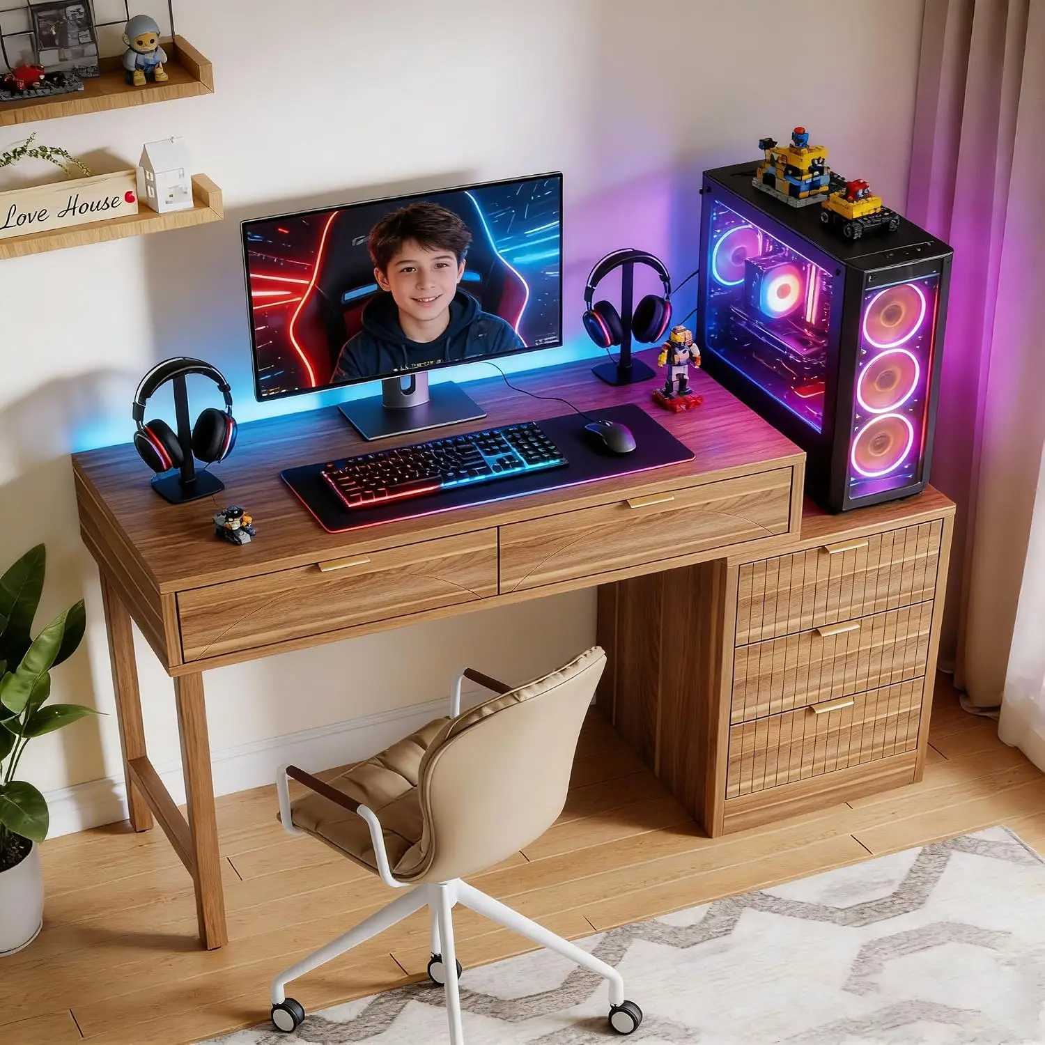 Reversible Computer Desk with 5 Drawers & Storage, Wooden Study Workstation for Home Office & Small Spaces, Walnut, Customized