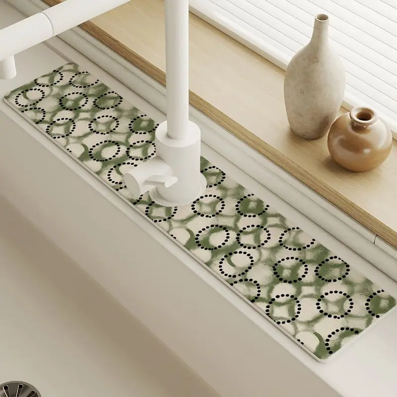 VIKAMA Green Boho Circle Faucet Mat Sink Splash Absorbent Counter Pad Watercolor Quick Dry Drain Mat Bathroom Vanity Decor