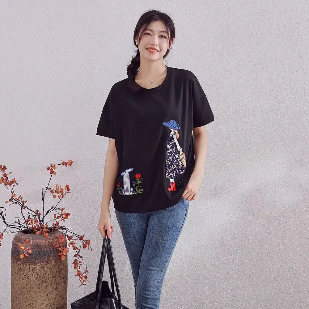 DIMANAF 2024 Summer New T-Shirt Women Fish Embroidery Printing Loose Casual Basic O-Neck Tops Black