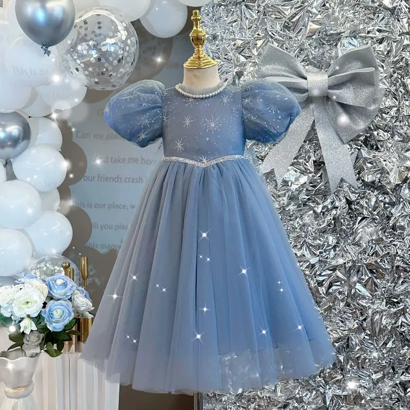 Bubble sleeve mesh princess long dresses gray blue Embroidered snowflake girls dress 100-150 Tutu kids  vestidos infantis robe