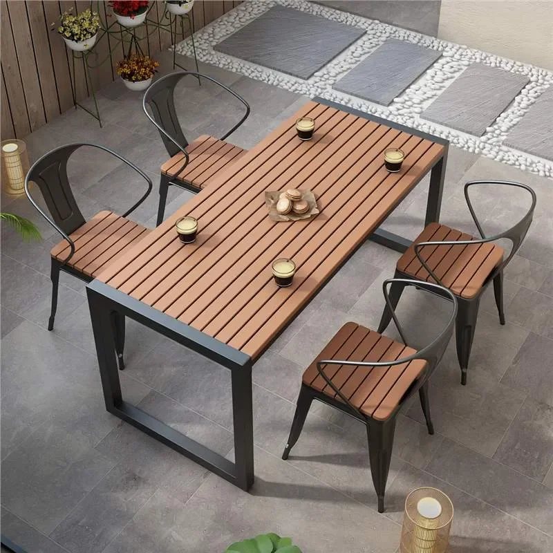 Outdoor Solid Wood Table and Chair Set Plastic Wood One Piece Anti Corrosion Beer Table Casual Dining Furniture for Patio