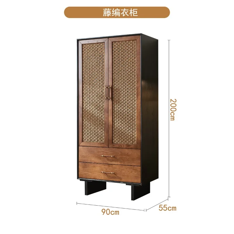 Medieval solid wood rattan wardrobe, retro cabinet B & B, bedroom double door coat cabinet