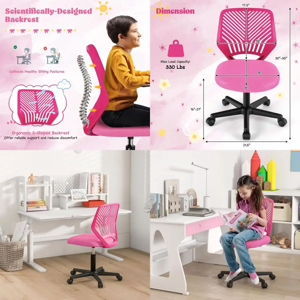 

Pink Adjustable Mesh Swivel Kids Desk Chair with Lumbar Support for Studying, Suitable for Bedrooms, Schools, and Small Offices