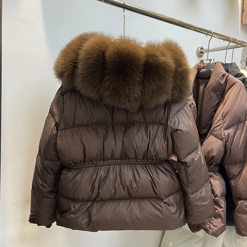 Women's Thiened ort down Jaet 2025 New l  Fur Collar Hooded Waist-Cinching Warm Outerwear Korean Sle Commute