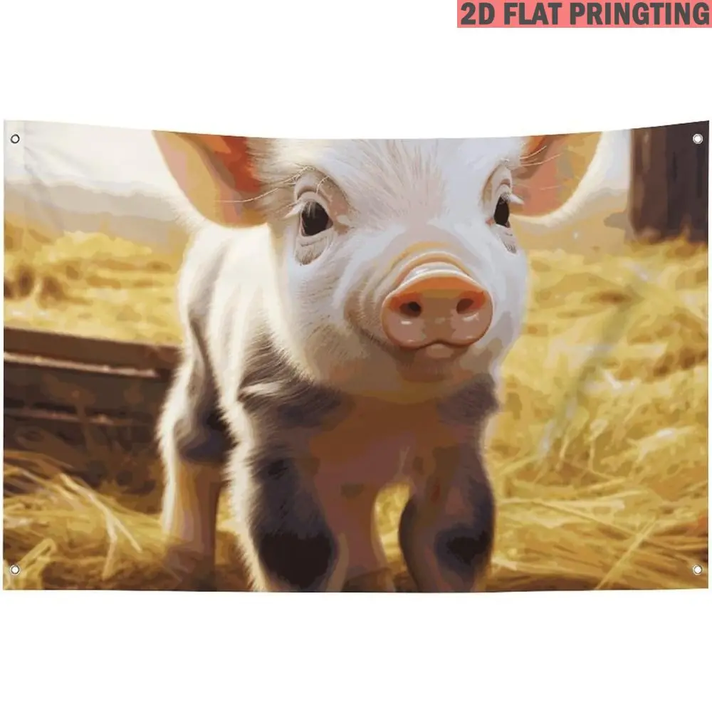 1pc Flag Banner 2D FLAT Print Pattern with Cute Piglet Standing in Hay Field with Soft Lighting
