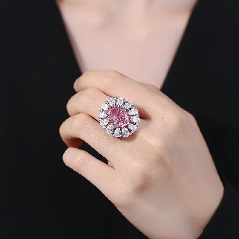 

Luxury Solid Platinum PT950 Ice Flower Cut Egg-shaped Pink Ring Women's Full Diamond Ring