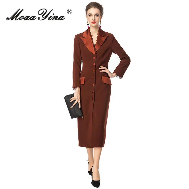 

MoaaYina 2025 Autumn/Winter Women's Fashion Style Flip Collar Long Sleeve Lace Edge Single breasted Long Coat