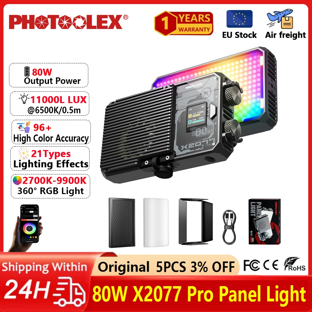 PHOTOOLEX X2077 PRO Panel Photography Light RGB LED Full-Color Mini Video Light CRI 95+ 2700K-6500K 21 Effects 80W for TikTok
