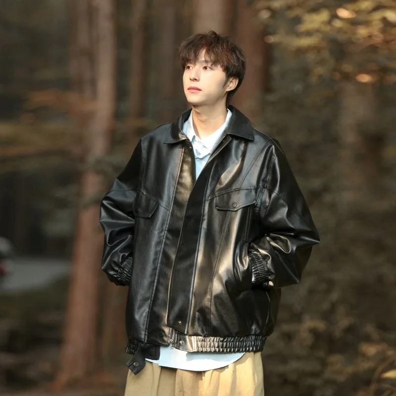 Vintage Street Locomotive Leather Coat Windproof Motorcycle Personality Cool Lapel Jacket Zipper Autumn Slim Fit Fashion Outwear