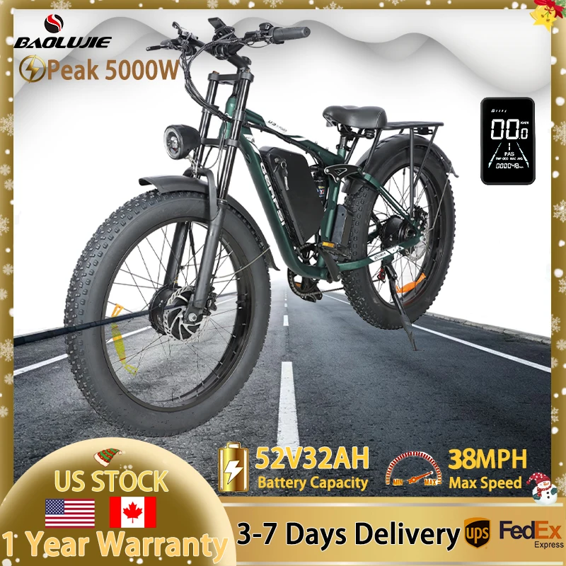 

BAOLUJIE Peak 5000W Dual Motors Ebike for Adults 38MPH 52V 32AH Battery 26" x4" Fat Tire All Terrain Gear Hydraulic Disc Brakes
