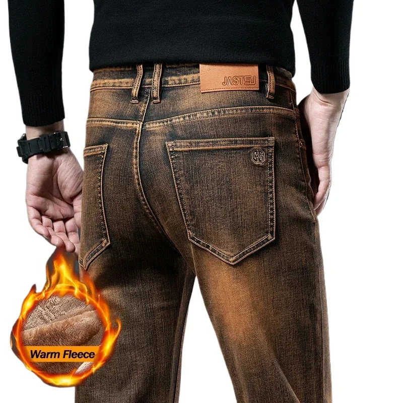 High Quality Brown Winter Jeans Men's Thickened Velvet Warm Elastic Straight Denim Pants Fashion Vintage Korean Plush Trousers