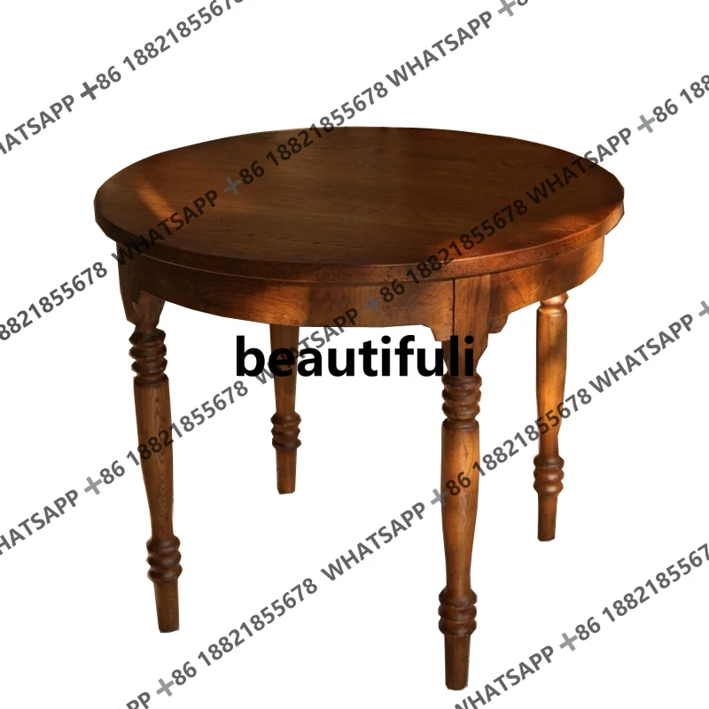 

French retro solid wood dining table, antique household round dining table, light luxury dining table